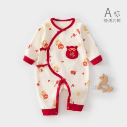 温巢 新生婴儿连体衣纯棉秋季初生满月宝宝衣服婴幼儿红色喜庆马年a类6