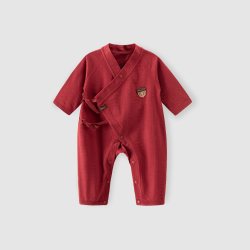 乖奇熊 新生儿连体衣春夏季薄款纯棉宝宝满月红色睡衣服婴幼儿哈衣和尚服