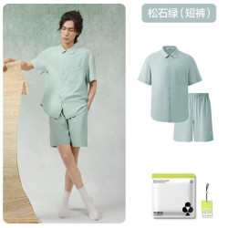 YOUKESHU 情侣睡衣女春夏季凉感防螨短袖情侣家居服套装 短袖短裤-松石绿