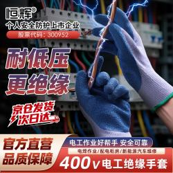 恒辉 绝缘手套 400V电工低压乳胶橡胶防触电防滑耐磨 电路维修配电室防护 DGX31
