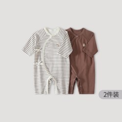巴厘小猪 婴儿连体衣秋季哈衣爬爬服新生儿纯棉睡衣条纹初生宝宝衣服2件装