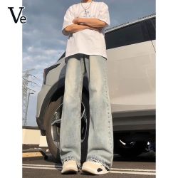 VE 浅蓝色cleanfit水洗牛仔裤男款美式高街显高直筒裤痞帅休闲长裤