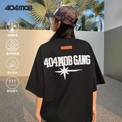 404MOBGANG 404MOB美式复古重工毛巾刺绣短袖t恤男女款宽松凉感防晒情侣上衣