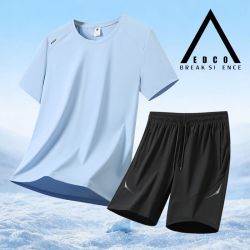 艾德克布莱克斯 EDCO冰丝休闲运动服五分短裤套装男大码夏季薄款宽松跑步速干短袖