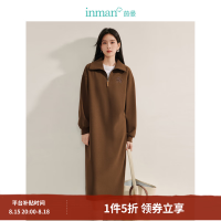 茵曼 polo领半拉链卫衣连衣裙新品套头落肩长款针织裙 深咖色