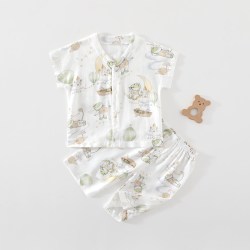 萌童之旅 竹棉纱婴儿短袖套装夏季薄款宝宝家居服儿童睡衣七分裤新生儿衣服