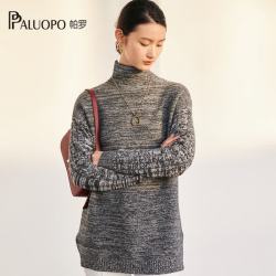 帕罗 100%纯山羊绒衫毛衣女装高领套头落肩袖开叉针织加厚上衣