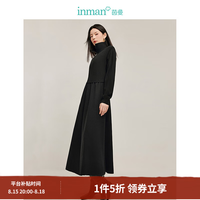 茵曼 赫本风拉链翻领连衣裙2025春秋季女装新品气质长袖拼接小黑裙 午夜黑