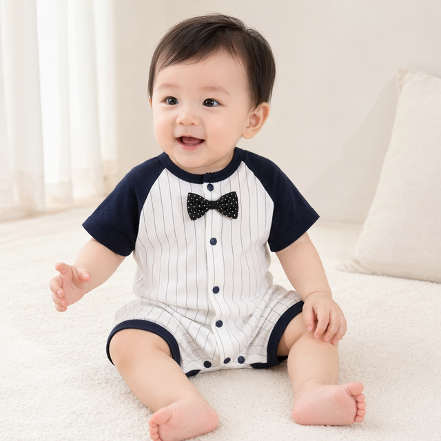 小靓仔 婴儿衣服夏季薄款儿童周岁礼服抓周一岁男宝宝百天纯棉空调连体服
