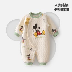 迪士尼 新生婴儿连体衣秋冬三层夹棉男女宝宝保暖衣服哈衣长袖爬服