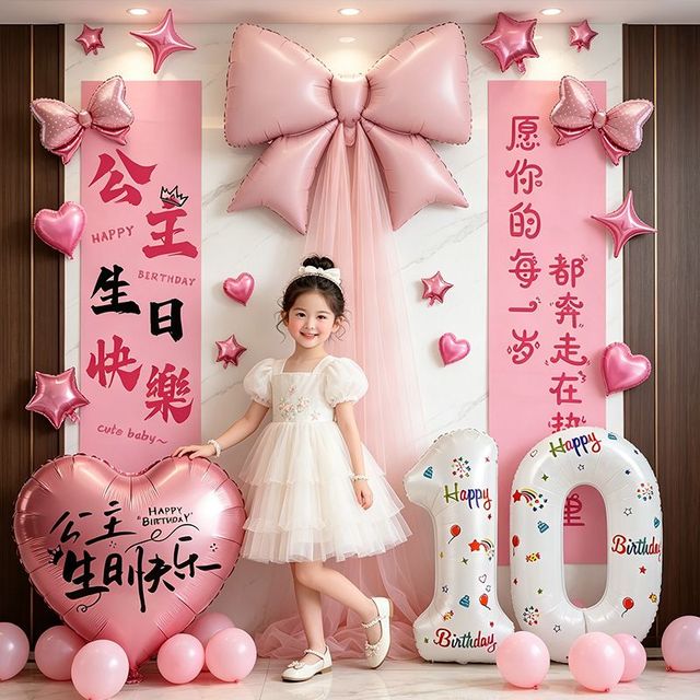寻年味 儿童女孩十岁生日派对装饰公主生日条幅网纱蝴蝶结气球氛围布置10