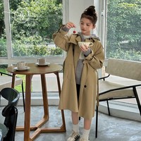 小叮尤尤 女童双排扣风衣2026秋季新款英伦风洋气儿童中长款外套