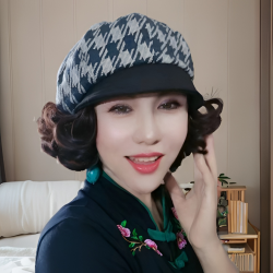假发一体格子八角帽短假发翻翘式假发帽子短帽檐帽子贝雷帽