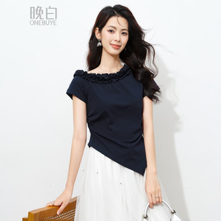 晚白 木耳边一字肩收腰显瘦 深蓝色 L 女士T恤