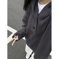 美式复古连帽毛衣男春秋季cleanfit卫衣针织衫慵懒风情侣外套