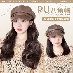 婷子假发/pu八角帽假发一体式春季氛围感美拉德减龄卷发贝雷帽