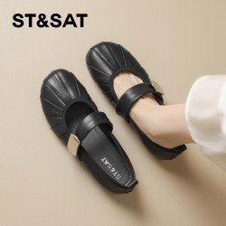 星期六 ST&SAT 真皮羊皮玛丽珍鞋女2026夏季新款平底软底软面舒适浅口单鞋