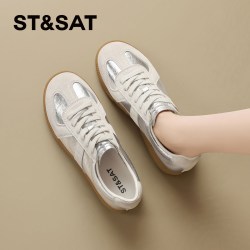 星期六 ST&SAT 真皮厚底增高德训鞋女鞋2026秋季新款拼色百搭运动休闲鞋子