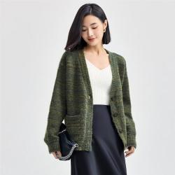 佐丹奴 慵懒风羊毛花绒纱V领毛织开襟针织衫女士毛衣