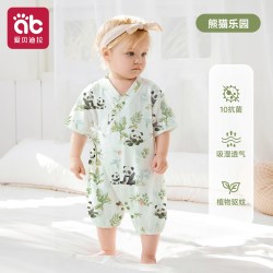 爱贝迪拉 婴儿衣服宝宝连体衣短袖夏季薄款竹棉纱布男女和尚服外出夏天爬服