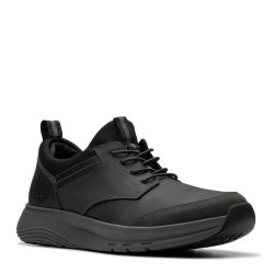 Clarks 男士皮质运动鞋 休闲舒适 弹性鞋带 一脚蹬设计 黑色皮革 9 US
