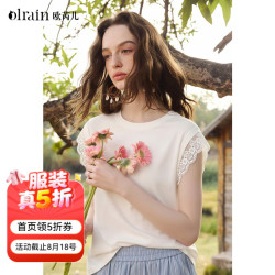 OLRAIN 2026夏季新款法式气质简约蕾丝花边短袖白色罗纹圆领T恤女 白色 L