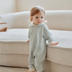 OAK FAMILY 春秋新品新生婴儿连体衣海军领长袖条纹宝宝爬服纯棉