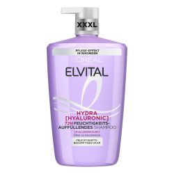 L'Oréal Paris 巴黎欧莱雅 Elvital Hydra 玻尿酸保湿 XXXL 洗发水,适用于闪亮头发,透明质酸洗发水,保湿和保护,持久保湿护理,1000毫升