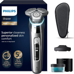 Philips 飞利浦 S9000 电动干湿两用剃须刀,提拉和切割剃须系统和 SkinIQ 技术,折叠式修剪器,清洁站,充电站,旅行箱,镀铬银色,S9975/54