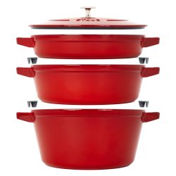 STAUB 珐宝 铸铁锅4件套 堆叠式炊具 含炖锅 煎锅 烤盘 通用盖 樱桃红