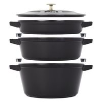 STAUB 铸铁套装 4 件套,可堆叠节省空间的炊具套装,荷兰锅,煎锅,带通用盖子的烤盘,法国制造,哑光黑