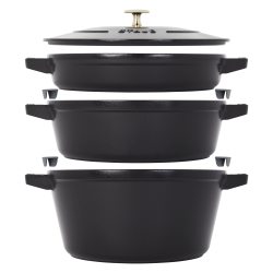STAUB 铸铁套装 4 件套,可堆叠节省空间的炊具套装,荷兰锅,煎锅,带通用盖子的烤盘,法国制造,哑光黑