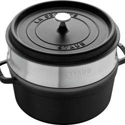 STAUB 珐宝 圆形铸铁砂锅 带有蒸笼插件 26cm，5.2L，锅内壁哑光黑色搪瓷，黑色