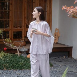 宜色一家春日来信26新款短袖睡衣女100%纯棉双层纱柔软外穿家居服