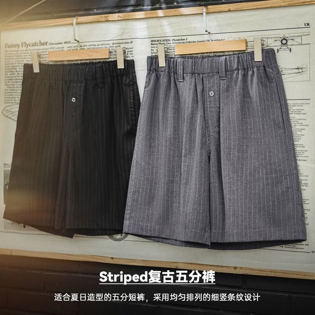 马登 竖条纹松紧腰直筒西装短裤