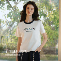 OLRAIN 2026夏季新款法式慵懒撞色螺纹圆领个性珠片绣花短袖T恤女 白色 M
