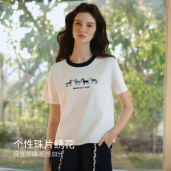 OLRAIN 2026夏季新款法式慵懒撞色螺纹圆领个性珠片绣花短袖T恤女 白色 M