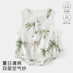 婴幼儿a类双层空气纱无袖包屁衣夏日清爽透气宝宝印花三角哈衣