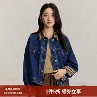 茵曼 时尚复古格子翻领牛仔外套女2025秋季宽松百搭舒适夹克上衣 深牛仔蓝 S