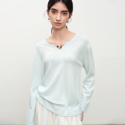 自巧 小个子串珠系带收腰冰丝圆领T恤落肩袖上衣女2026年春季新品