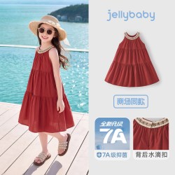 jellybaby 女童连衣裙度假儿童海边裙子大童法式纯棉宝宝亲子装夏