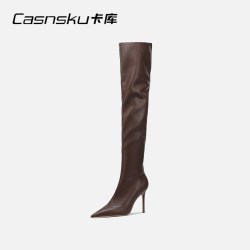 CASNSKU卡库 棕色侧拉链长筒靴过膝长靴女尖头细高跟弹力瘦瘦靴女