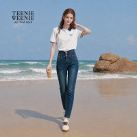 TEENIE WEENIE 小熊女装休闲修身高腰裤复古水洗牛仔裤长裤 深蓝色