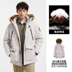 骆驼 男装羽绒服黑色防水短款鸭绒冬季保暖面包服户外派克工装毛领