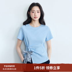 茵曼 女装圆领短袖女2026新款系带设计T恤衫简约纯色上衣 蓝色 M
