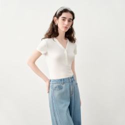 自巧 小个子凉感针织三色修身V领半开襟T恤上衣女2026年夏季新品
