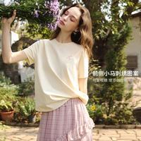 OLRAIN 通勤休闲小马刺绣后背印花短袖T恤女夏季2026新款圆领上衣 米黄色 L