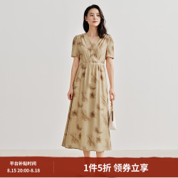 茵曼 清麻系列水墨感印花连衣裙2024夏季女装V领收腰短袖裙子 浅卡其 S