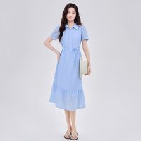 茵曼 娃娃领显瘦 蓝色 M 连衣裙