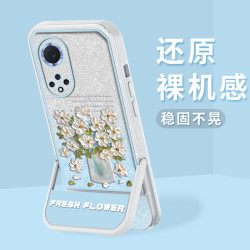 适用荣耀50 支架闪粉油画花半透硅胶软壳全包摄像头